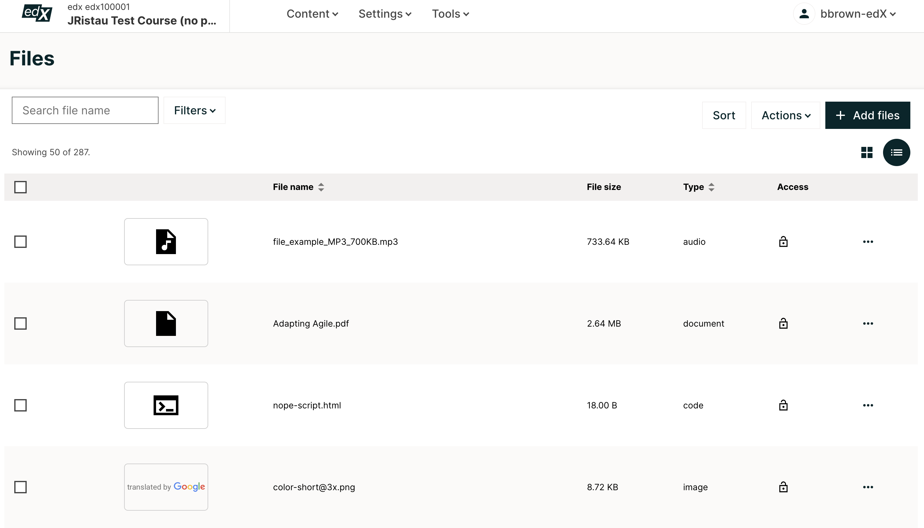 an image of the Files page in Studio. Each page shows up to 50 files and includes a Search box, sort and filter capabilities, an Add files button, and checkboxes so that you can bulk delete or bulk download files.