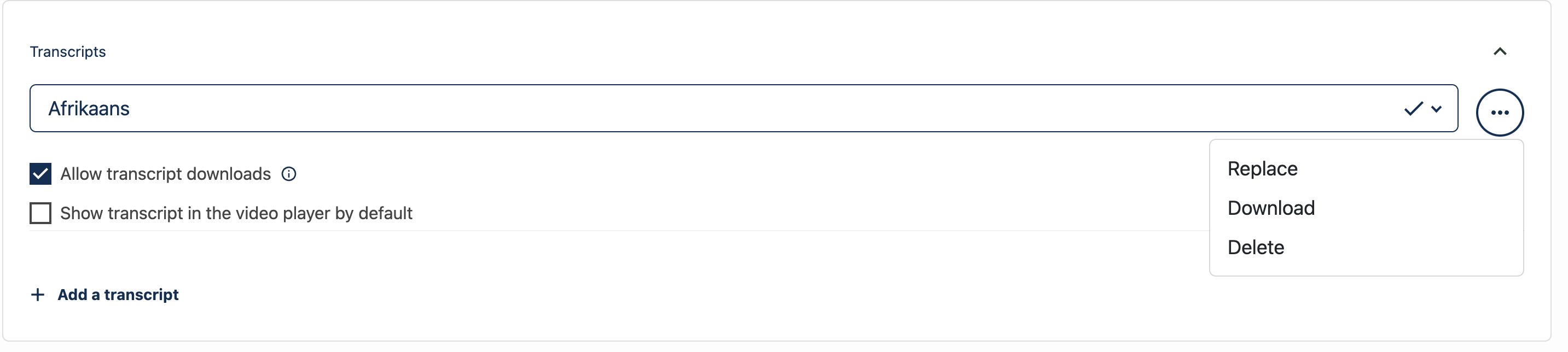 The video editor with the Add a Transcript menu shown. The options are Replace, Download, and Delete.