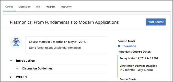 The Course page, showing a welcome message and the course outline in the left pane.