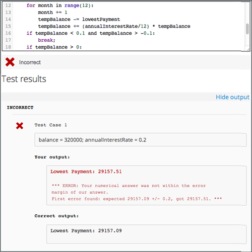 A learner's view of a programming problem that uses an external grader, with an incorrect result.